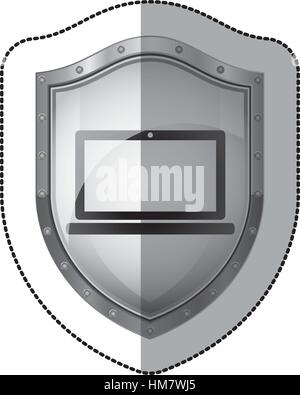 Aufkleber metallische Abschirmung mit Laptop-Bildschirm mit Tastatur-Vektor-illustration Stock Vektor