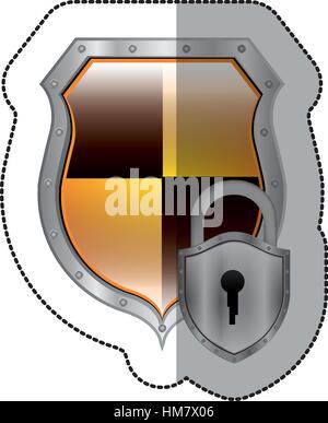 metallische Emblem Aufkleber mit bunten Rhombus-Form mit Vorhängeschloss-Vektor-illustration Stock Vektor