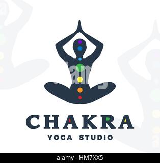 Yoga-Studio-Logo-Vorlage. Chakra-Firma-Logo. Meditation pose Silhouette Design. Vektor-Mann-Label. Kreative Wellness Abbildung. Stock Vektor