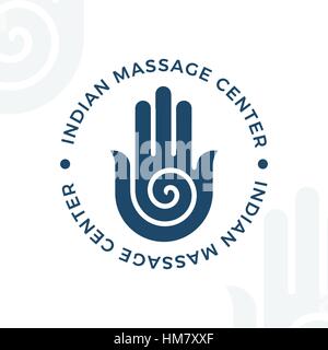 Yoga, Meditation-Vektor-Logo-Illustration. Dekorative Hamsa Hand Element. Indische Hindu-Design. Spiritualität-Spirale-Abzeichen Stock Vektor