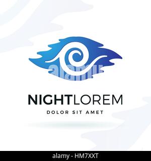 Blaue Nacht-Vektor-Design-Element. Moderne Welle Shape-Symbol-Logo-Konzept. Mond in Wolken Abbildung auf weißem Hintergrund. Stock Vektor