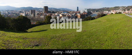 Spanien: Skyline von Bilbao und Nervion River mit Blick auf die Zubizuri, die weiße Brücke von Santiago Calatrava, gesehen vom Etxebarria Park Stockfoto