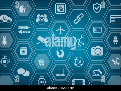 Internet der Dinge IOT generischen blauen und grauen Hintergrund mit unscharfen Stadt Skyline und Polygon-overlay Stock Vektor