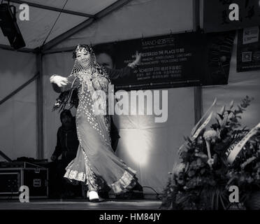 Tänzer, tanzen, exotisch, Chinesisch, Perlen, Phantasie, volkstümlichen, traditionellen, neues Jahr, verschleiert, Schleier, Feier, Hahn, Performance, China Stockfoto