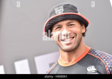 Auckland, Neuseeland. 1. Februar 2017. New Zealand Rugby-Liga großen Ruben Wiki spricht zu den Medien im Rahmen einer Pressekonferenz vor National Rugby League Nines-Turnier. Bildnachweis: Shirley Kwok/Pacific Press/Alamy Live-Nachrichten Stockfoto