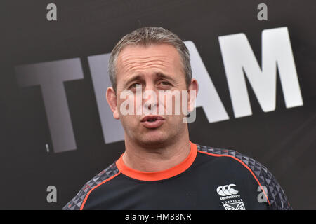 Auckland, Neuseeland. 1. Februar 2017. New Zealand Rugby-Liga Krieger-Co-Trainer Steve McNamara spricht zu den Medien im Rahmen einer Pressekonferenz vor National Rugby League Nines-Turnier. Bildnachweis: Shirley Kwok/Pacific Press/Alamy Live-Nachrichten Stockfoto