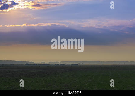 Misty Dawn an frühen Sommermorgen im Dorf. Frische Morgenluft und Nebel kriecht über Aussaat Feld und Weide. Ländliche Landschaft in warmen Tönen, ohne Stockfoto