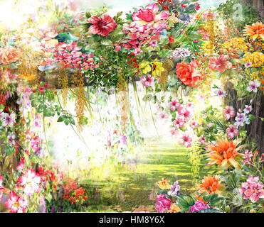 Abstrakte Aquarell Blumen. Bunte Frühlingsblumen Stockfoto