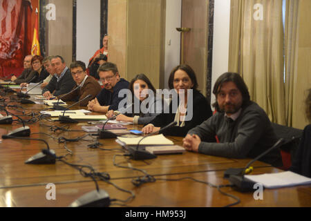 Politiker Inigo Errejon, Joan Baldovi, Irene Montero, Carolina Bescansa und Rafa Mayoral während eines Treffens der PSOE, Podemos, Compromis und Izquierda Unida Unidad Popular Party im spanischen Parlament in Madrid am Montag, 22. Februar 2016. Stockfoto