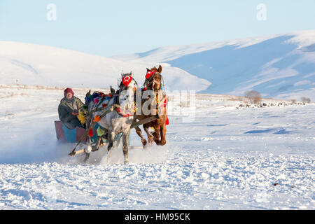 Ardahan, Türkei - 14. Januar 2017: Schlitten auf gefrorenen Cildir See in Ardahan Stadt der Türkei OnJanuary 14, 2017. Stockfoto