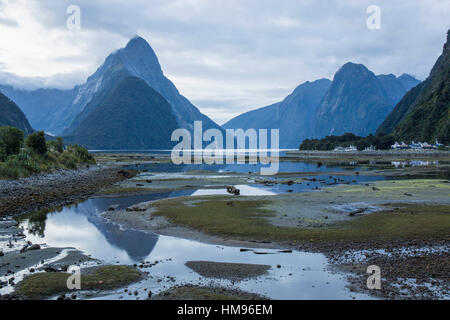 Anzeigen von Milford Sound bei Ebbe, Mitre Peak spiegelt sich im Pool, Milford Sound, Fiordland National Park, Southland, Neuseeland Stockfoto