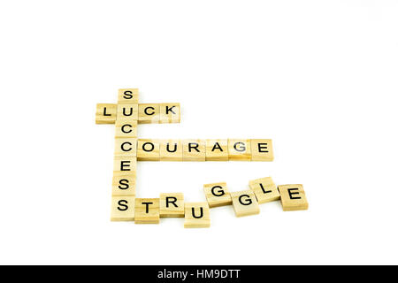 Konzept also Erfolg, Glück, Mut und Kampf dargelegt Kreuzworträtsel Stil auf Holzblöcken. Ausschnitt. Stockfoto