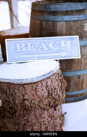 blaue Holzschild auf Baum stumpf mit dem Wort Strand darauf geschrieben Stockfoto