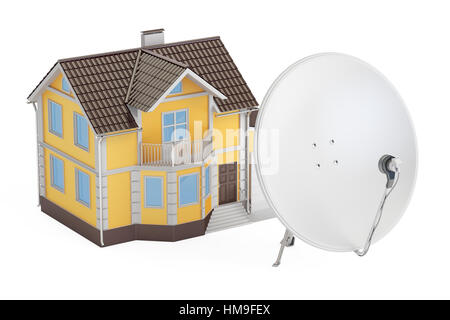 Satellitenschüssel mit Haus, 3D Rendering isoliert auf weißem Hintergrund Stockfoto