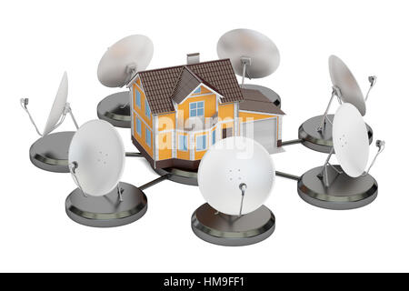 Telekommunikation-Konzept. Satellitenschüsseln mit Haus, 3D Rendering isoliert auf weißem Hintergrund Stockfoto