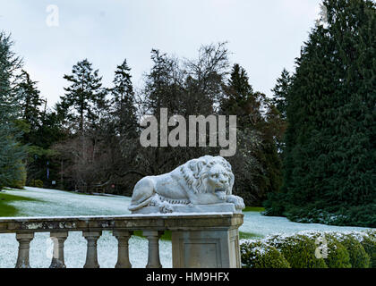 Canada National Historic Building - Löwe Skulptur im schönen Hatley Castle 1. Stockfoto