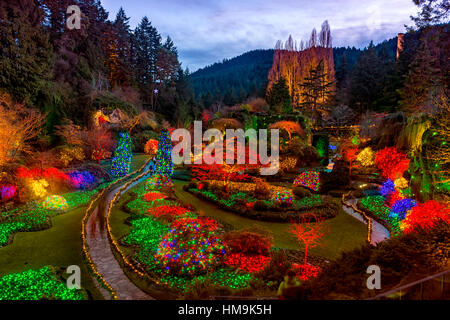 Nationale historische Stätte in Vancouver Island - Weihnachten Beleuchtung in versunkene Garten, die Butchart Gärten versunkenen 1. Stockfoto