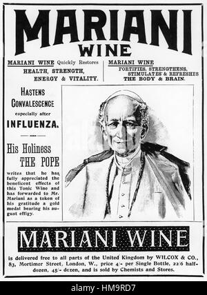 MARIANI-Wein A Stärkungsmittel und Patent-Medizin-Anzeige über 1865 mit Papst Leo XIII. Stockfoto