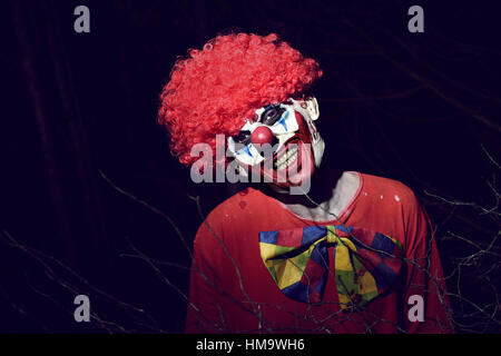 Nahaufnahme eines unheimlich böse Clowns tragen eine rote Perücke und eine schmutzig-Kostüm im Wald bei Nacht Stockfoto