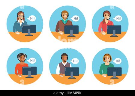 Call Center Agenten-Team. Flache Vektor runden Symbole. Kunden Betreuung Operatoren, Jungs und Mädels mit lächelnden Gesichtern sitzen am Schreibtisch mit Computer. Online-s Stock Vektor
