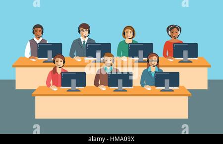 Call Center Agenten-Team im Büro. Flache Vektor Banner. Kunden Betreuung Operatoren, Jungs und Mädels mit lächelnden Gesichtern sitzen am Schreibtisch mit Computer. Onl Stock Vektor