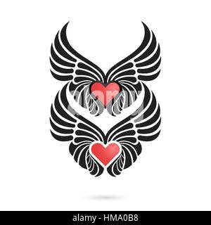 Herz-Logo mit Engelsflügeln auf Hintergrund. Happy Valentines Day Schriftzug Karte. Schöne Ferien-Konzept. Vektor-Illustration. Stock Vektor