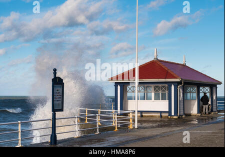 Aberystwyth, Wales, UK. 2. Februar 2017. Als Sturm Doris nähert Zuflucht ein Mann und sein Hund in Aberystwyths legendären Edwardian Tierheim als dramatische Wellen brechen über die Promenade. Bildnachweis: Alan Hale/Alamy Live-Nachrichten Stockfoto