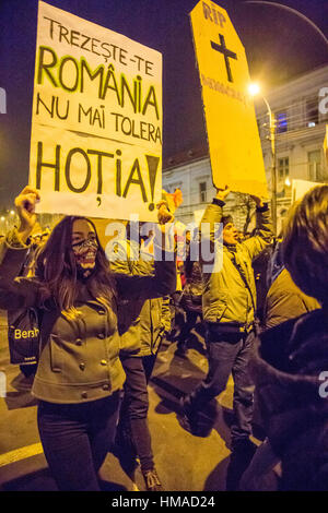 Cluj-Napoca, Rumänien. 2. Februar 2017. Eine Frau ist gesehen mit einem Schild, dass liest aufwachen Rumänien, zu stoppen, Diebstahl zu tolerieren. Zehntausende Rumänen marschierten die Straßen der Cluj-Napoca zu einer Notstandsregierung Dekret zu protestieren, die eine Zeichenfolge von Machtmissbrauch, Korruption Straftaten entkriminalisieren würde. Bildnachweis: Cristian Mijea/Alamy Live-Nachrichten Stockfoto