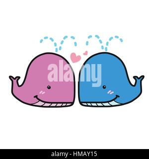 Süße rosa und blau paar Wale in Liebe Cartoon-Vektor-illustration Stock Vektor