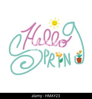 Hallo Frühling Wort Schriftzug und niedlichen Blumen Topf Cartoon-Vektor-Illustration auf weißem Hintergrund Stock Vektor