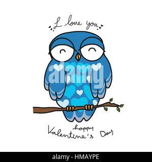 Blau männliche Eule sagen, ich liebe dich Cartoon Illustration doodle Stil Stock Vektor