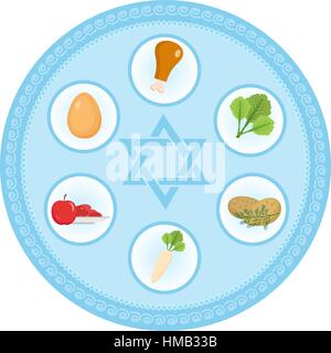 Seder Teller mit Essen, flachen Stil. Jüdischer Feiertag Pessach. Isoliert auf weißem Hintergrund. Vektor-illustration Stock Vektor