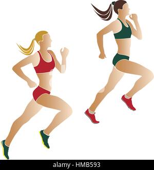 zwei Frauen Sportler Läufer Farbe Silhouetten Stock Vektor