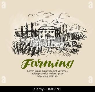 Bauernhof-Skizze. Landschaft im ländlichen Raum, Landwirtschaft, Landwirtschaft, Weinberg-Vektor-illustration Stock Vektor