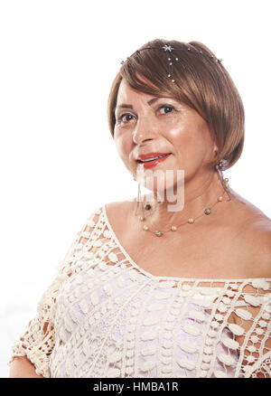 glücklich Reife Frau isoliert auf weißem Hintergrund Stockfoto