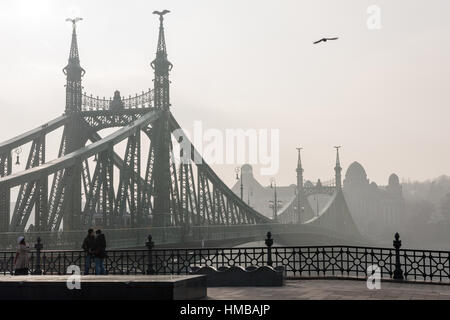 BUDAPEST, Ungarn - 2. Januar 2017: Touristen in nebligen Tag im Freiheitsbrücke Stockfoto