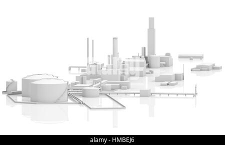 Abstrakten modernen Industriebetriebes. Tanks, Schornsteine und Gebäuden, 3D-Modell isoliert auf weiss mit Reflexionen, Vogel-Auge Ansicht Stockfoto
