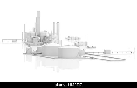 Abstrakten modernen Industriebetriebes. Tanks, Schornsteine und Gebäuden, 3D-Modell isoliert auf weiss mit Reflexionen über Boden, Vogel Vogelperspektive Stockfoto