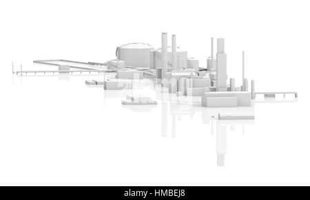 Abstrakten modernen Industriebetriebes. Tanks, Schornsteine und Gebäuden, 3D-Modell isoliert auf weißem Hintergrund mit Reflexionen über Boden, Vogel Vogelperspektive Stockfoto