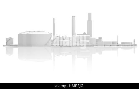 Abstrakte moderne Industriegebäude mit Panzern, Schornsteine und Gebäuden, 3D-Modell isoliert auf weißem Hintergrund mit Reflexionen Stockfoto