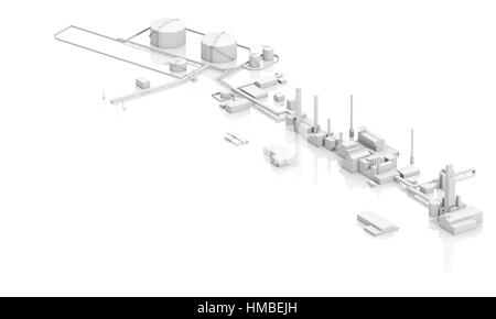 Moderne Industriegebäude mit Panzern, Schornsteine und Gebäuden, 3D-Modell isoliert auf weißem Hintergrund, Vogelperspektive Stockfoto