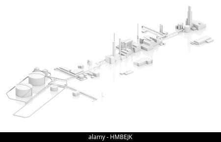 Generische modernen Industriebetriebes mit Panzern, Schornsteine und Gebäuden, 3D-Modell isoliert auf weißem Hintergrund, Vogelperspektive Stockfoto