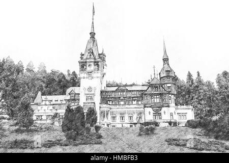 Skizze von Schloss Peles In Karpaten Stockfoto