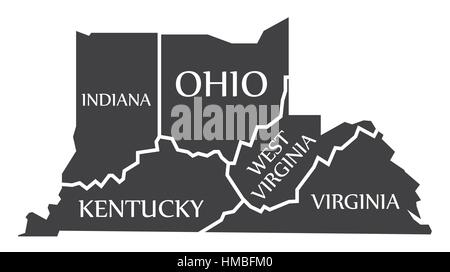 Indiana - Kentucky - West Virginia - Virginia - Ohio Karte gekennzeichnet schwarz Abbildung Stock Vektor