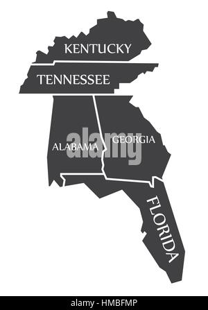 Kentucky - Tennessee - Alabama - Georgien - Florida Karte gekennzeichnet schwarz Abbildung Stock Vektor