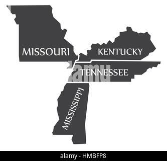 Missouri - Kentucky - Tennessee - Mississippi Karte gekennzeichnet schwarz Abbildung Stock Vektor