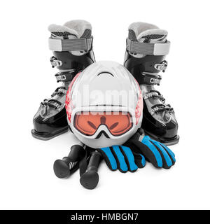 Skischuhe Handschuhe Helm isoliert. Stockfoto