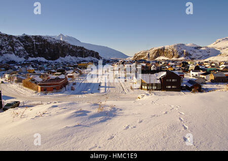 Blick auf El Chalten, Patagonien Argentinien, nach einem schweren Schneefall Stockfoto