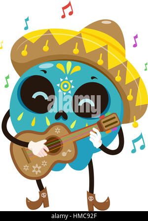 Maskottchen Abbildung eines bunten Zucker Schädels gekleidet in einem Mariachi Kostüm eine Gitarre klimpern Stockfoto