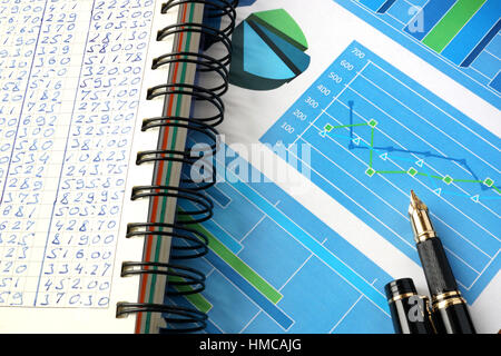 Finanz-Charts und Grafiken auf einem Tisch. Business-Konzept. Stockfoto